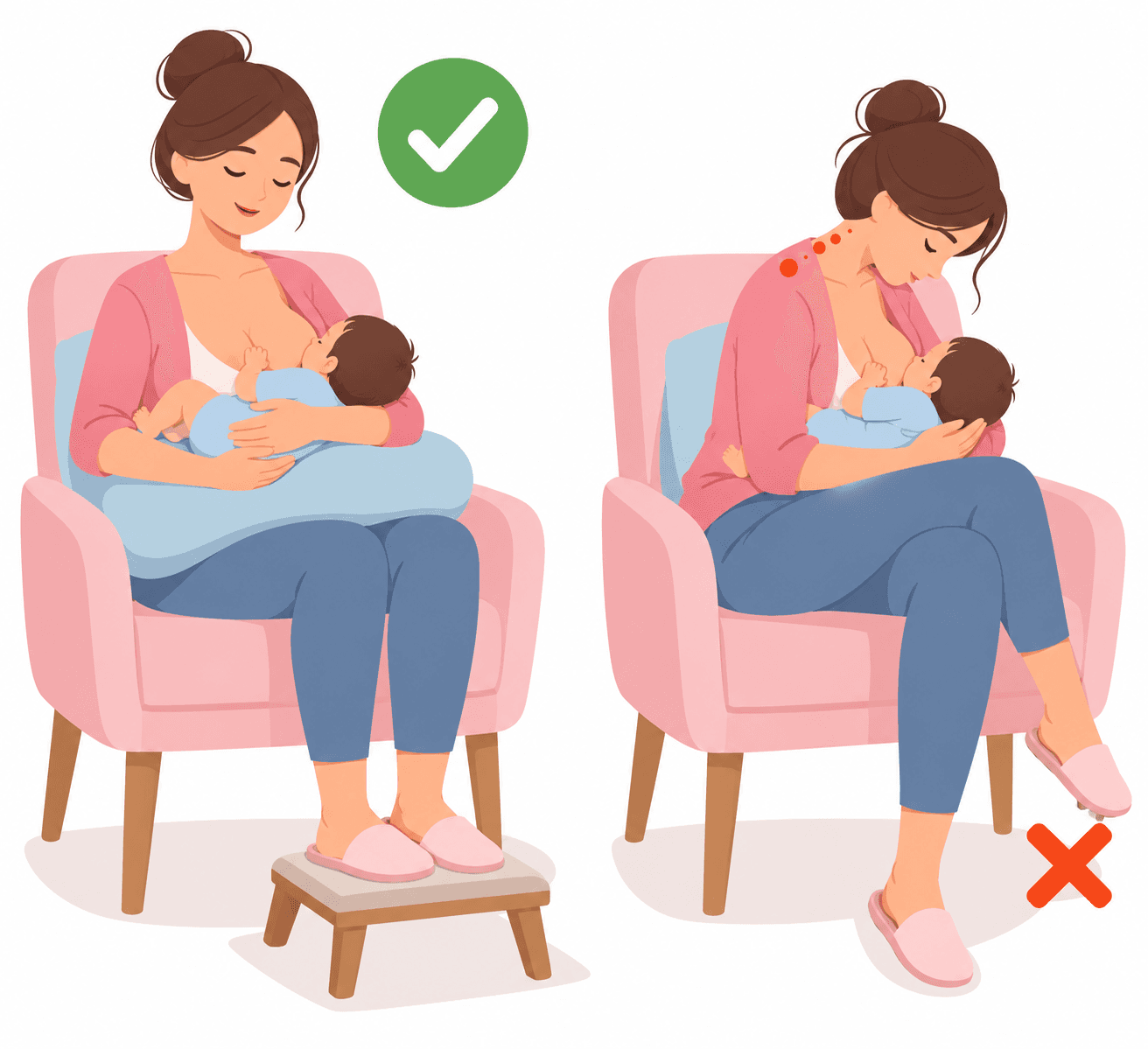 Comparação entre postura correta e incorreta ao amamentar